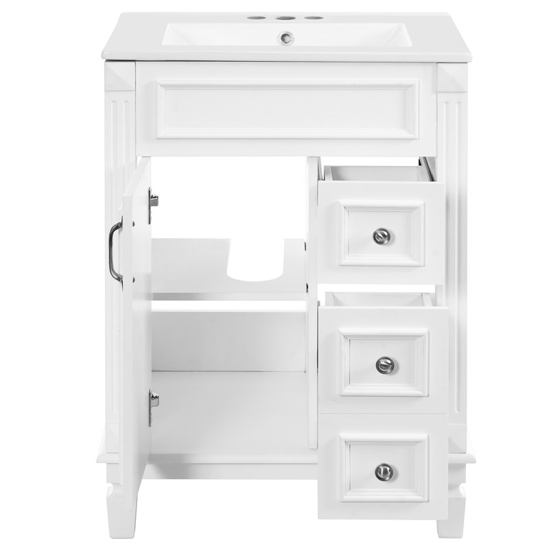 Meuble-lavabo moderne de 61 cm (24 pouces) avec lavabo en céramique, 2 tiroirs et tablette réglable - Une solution pour optimiser l'espace dans les petites salles de bain. Style français revisité.