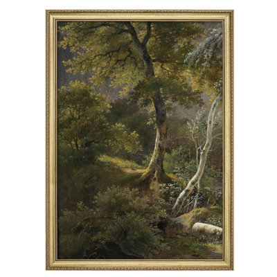 «Enchanted Woodland Scene» majestueux arbres dans une forêt paisible, décoration murale encadrée or
