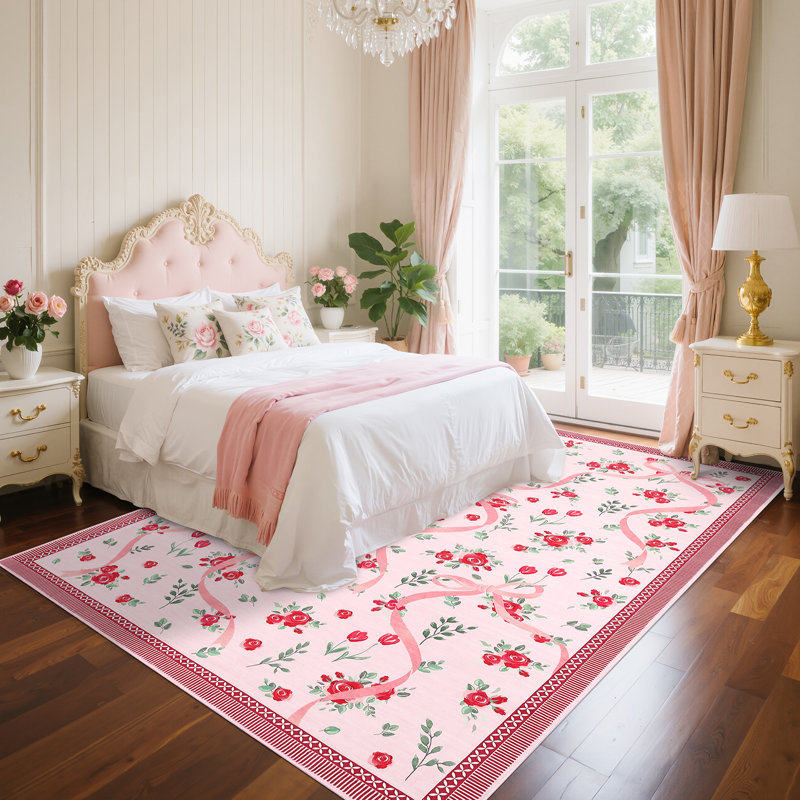 Washable Area Rug Bow Décor, Rectangle 5' x 7', Red