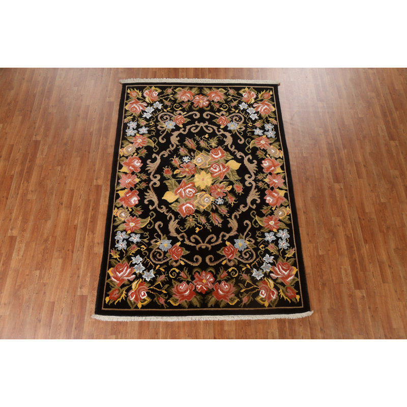 Tapis noir / rouge / brun / orange en laine noué à la main de conception unique 5 pi 6 po x 7 pi 11 po