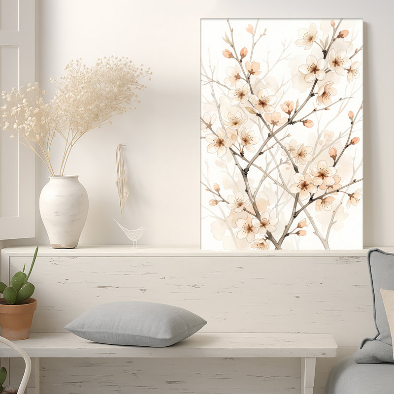 Art sur toile, branches de cerisier rose, H 48 po x l 32 po