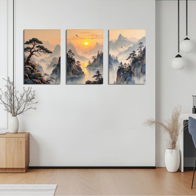 Paysage chinois coucher de soleil sur toile tendue, reproduction de peinture à l'huile (ensemble de 3)