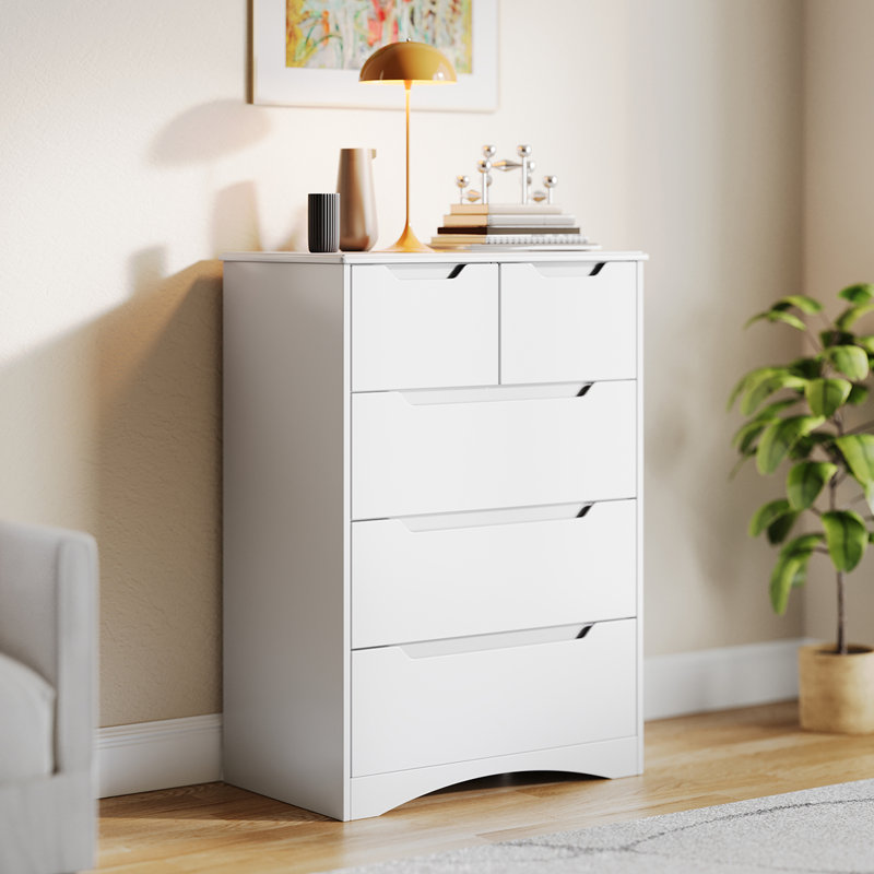 Modern 5-Drawer Dresser with Recessed Handles - Configured with 2 Small & 3 Large Drawers for Bedroom, Living Room, 5, White