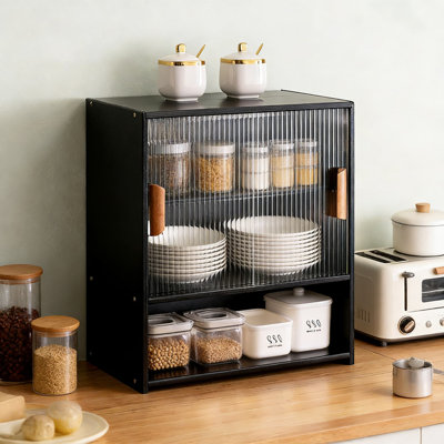 Armoire de rangement en bambou avec portes coulissantes en verre, organisateur de garde-manger autoportant à tablette réglable pour la cuisine, la salle de bain et le salon