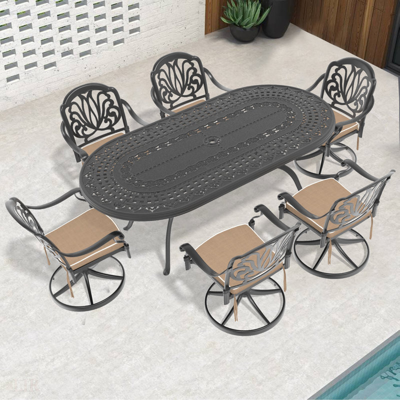 Ensemble de salle à manger toutes saisons en fonte d'aluminium, avec chaises pivotantes et table avec cadre noir, 6