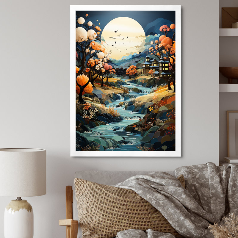 Nightly Whimsical Riverbanks sur impression sur toile, H 40 po x l 30 po x P 1,5 po, Cadre simple blanc