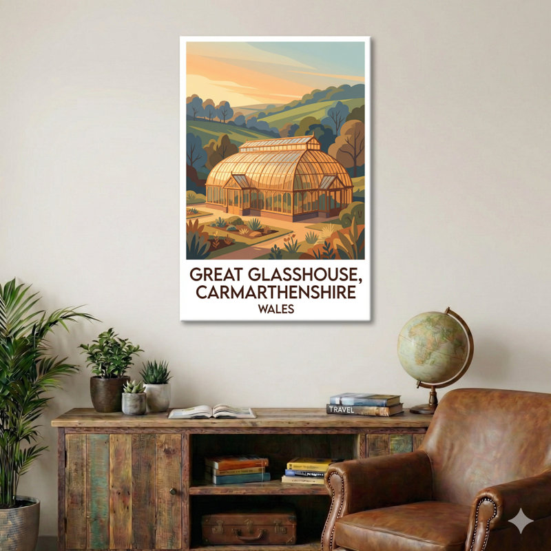 Great Glasshouse, Carmarthenshire, Wales - Romantic Travel Poster Of Glasshouse And Rolling Hills. Giclee Print On Wrapped Canvas. Wall Art, Home Decor - Iconic Buildings & Architecture, Wales - Wrapped Canvas Print