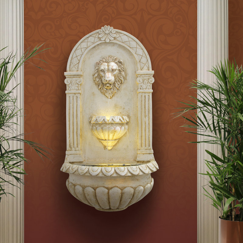 Wall-Mounted Lion Head Water Fountain with LED Lights, 32", Ivory