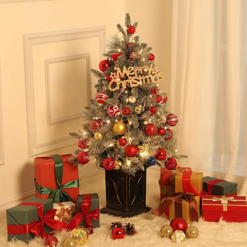 Ensemble de 2 arbres de Noël pré-éclairés de 3 pi avec branches enneigées, baies rouges et pot rétro, 78 lumières DEL blanc chaud
