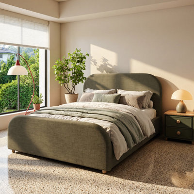 Queen Luxury Fully Upholstered Platform Bed Frame with Curved Padded Headboard and Footboard, Premium Linen Fabric Bed, No Box Spring Needed,