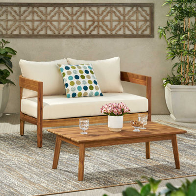 Brooklyn Loveseat + Coffee Table Set For Living Room – Teak Wood 1 Seat Sofa With Modern Design, Compact Stylish For Living Room, Apartment,Small Spaces
