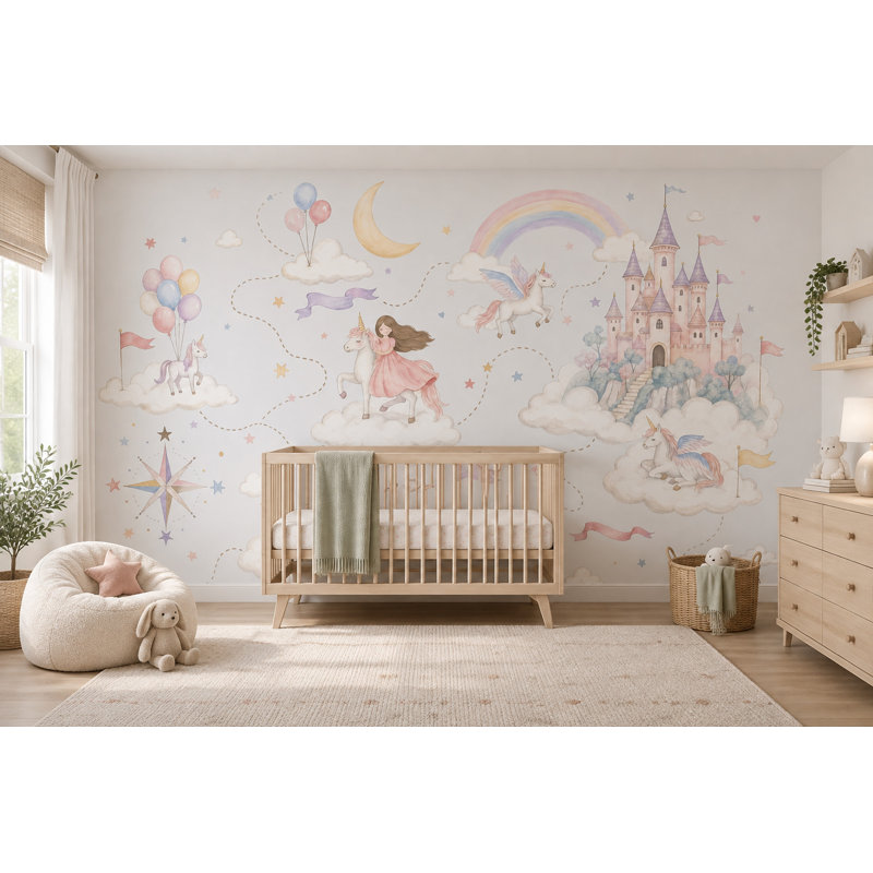 Papier peint aquarelle château de princesse licorne, fresque murale féerique, 120 po x 96 po, Non tissé