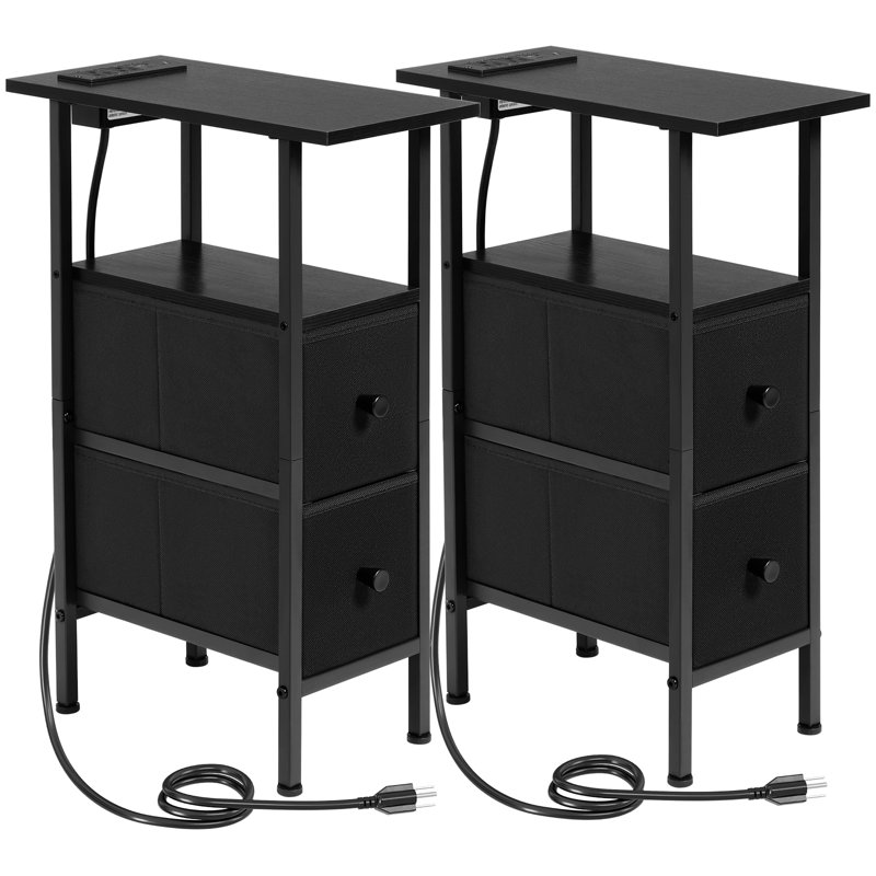 Table d'appoint étroite 7,87 po avec 2 tiroirs et station de charge, Black