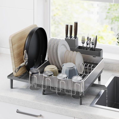 Dish Drying Rack Expandable Dish Dryer For Kitchen Counter Stainless Steel Dish Rack With Rotatable Spout Utensil Cup Glass Cutting Board Pan Holders UKCS037G01