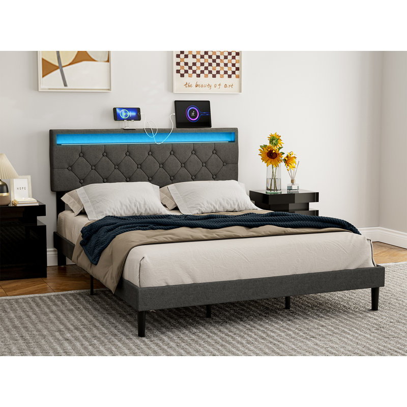 Bertwald Upholstered Headboard With 2 Usb Ports & Led Lights - Adjustable Height, Queen, Dark Gray