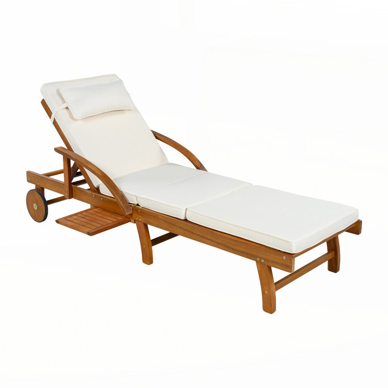 Adjustable Outdoor Lounge Chair Acacia Wood Frame with Cushions, Beige, 2