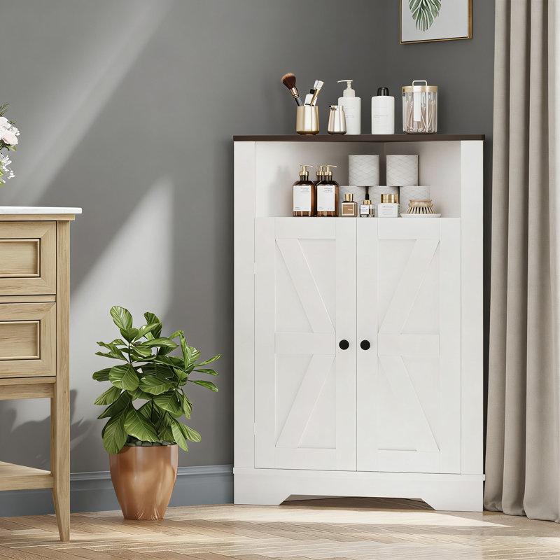 38.2" Tall Farmhouse Corner Cabinet with 2 Doors and 3 Storage Shelves, Farmhouse Storage Cabinet with Barn Door Design, Home Space Saver for Living Room, Kitchen, Laundry Room