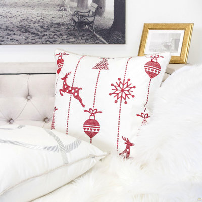 Coussin de Noël 20 x 20 avec renne brodé rouge et flocons de neige, ensemble de 2