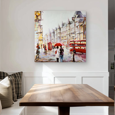 European Street by a Rainy Day - Red Metal Print for Decor