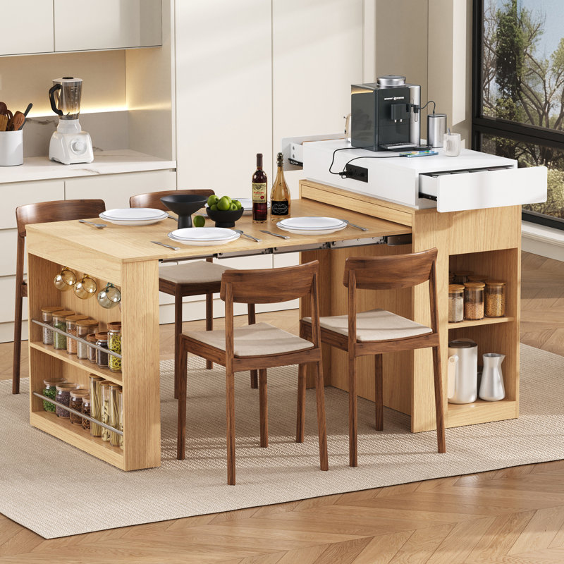 Extendable Dining Table with Folding Tabletop, Kitchen Island with Power Outlet & Storage, Natural