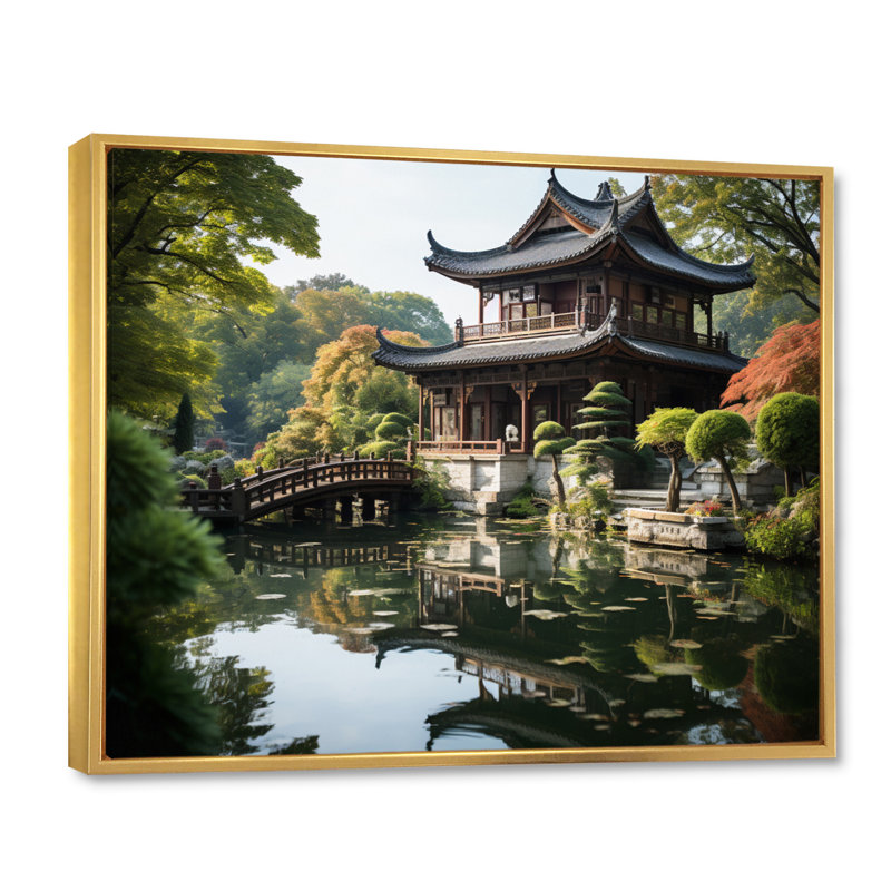 Asian Art Serene Pagoda I, reproduction d'art sur toile, H 24 po x l 32 po x P 1 po, Cadre flottant doré