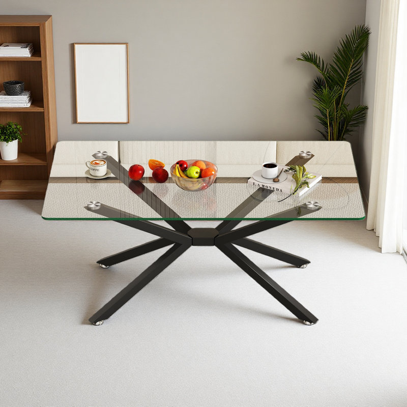 Table basse rectangulaire en verre trempé de 39,37 po de conception élégante avec pieds en métal, Clair, Noir