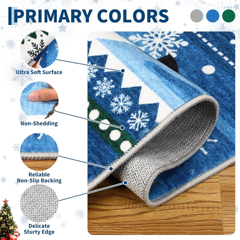 2x6 Christmas Runner Rug – Washable, Non-Slip, Santa & Reindeer Print, Low Pile, Foldable Carpet for Hallway, Kitchen, Bedside (Grey)