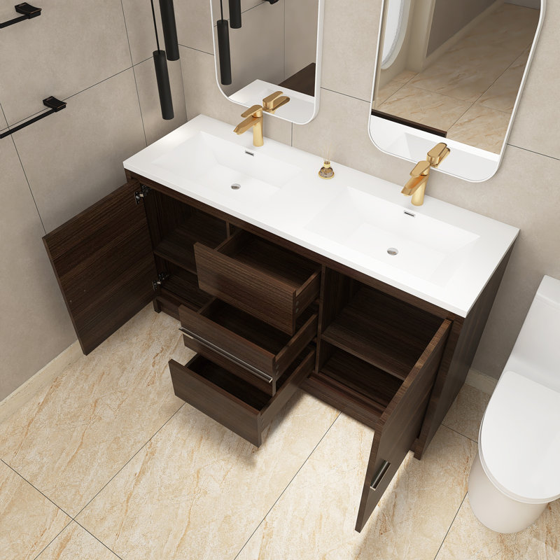 Ensemble de meuble-lavabo autoportant 60 po avec plateau en résine 60 po, Brun