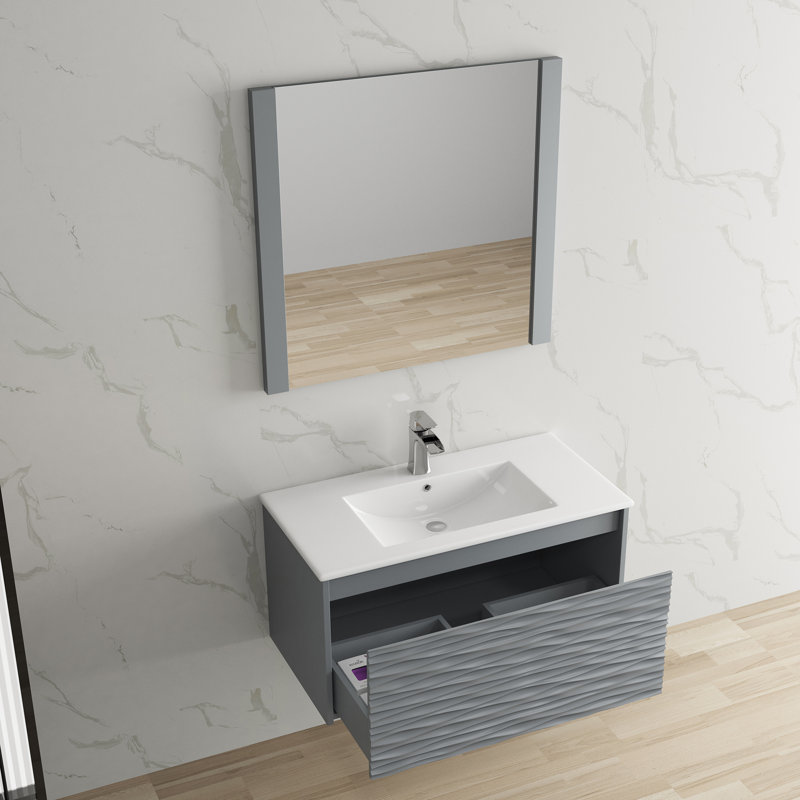 36" Wall Mounted & Floating Single Vanity with Ceramic Sink, Metal Grey