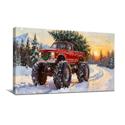 Christmas Red Truck Snowy Forest Christmas Scene