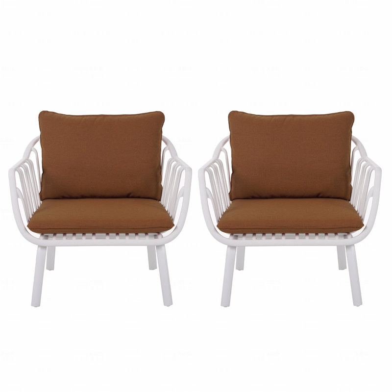Ensemble de 2 fauteuils club d'extérieur, finition PP blanc avec coussin brun, Blanc, Brun