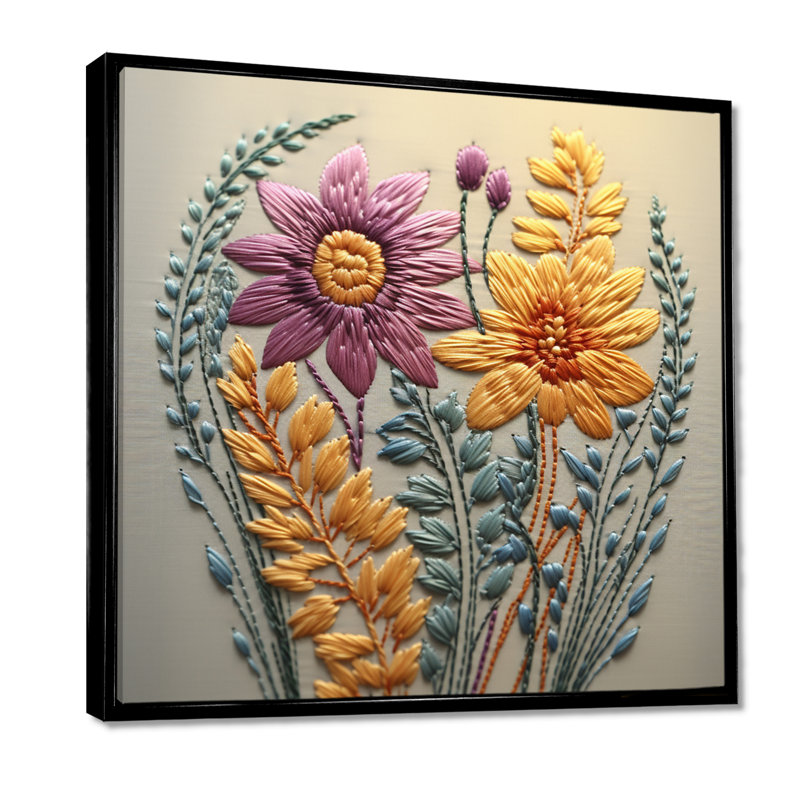 «Pastel Spring Flower Emb broderie I» - impression d'art mural fleurs sauvages, Toile avec cadre flottant noir
