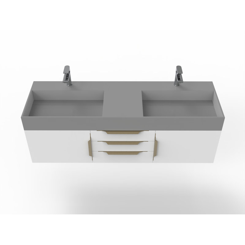 Ensemble de meuble-lavabo double mural 60 po Russett, gris, Blanc, Or
