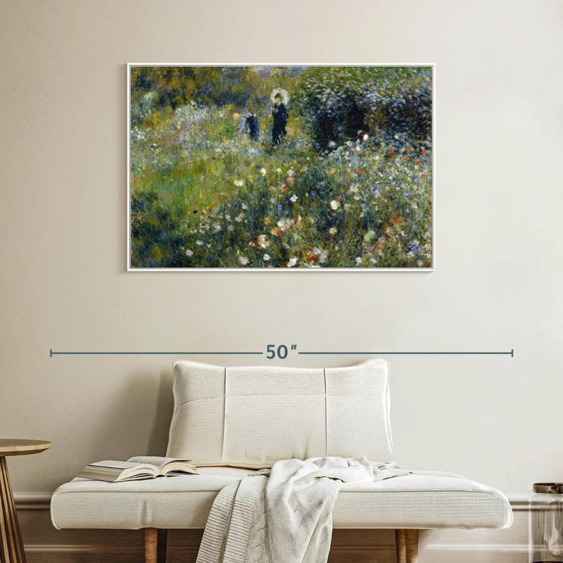 Femme avec un parasol dans un jardin, Cadre flottant blanc, 40 po x 27 po