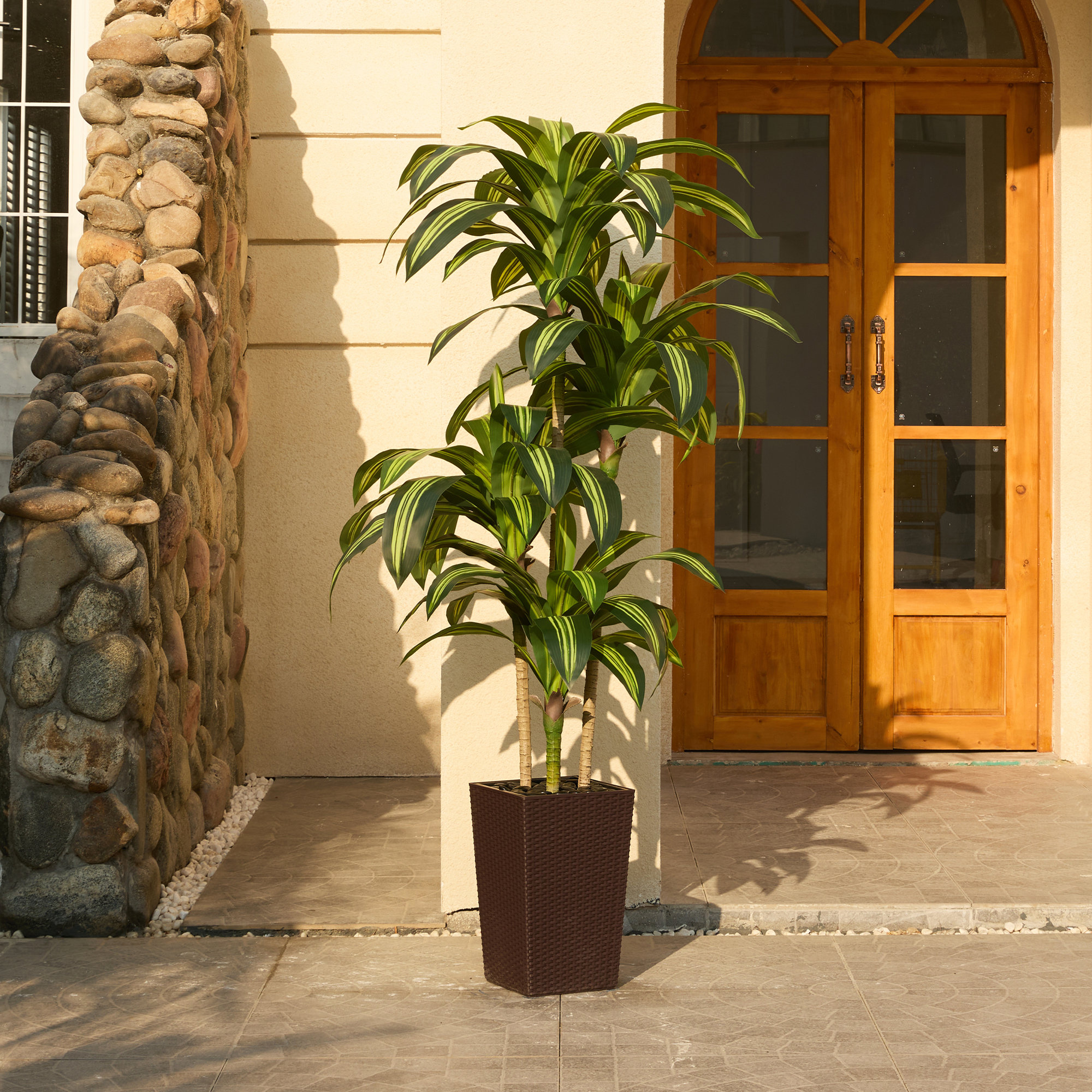 Almina UV Resistant Artificial Yellow Dracaena Tree, Faux Tree with Large Base for Indoor Outdoor, 72" H x 24" W x 24" D