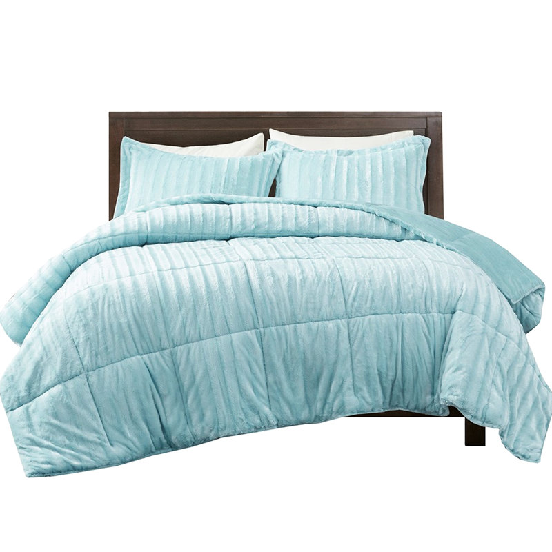 Édredon en fausse fourrure pour lit double / grand lit - bleu sarcelle, élégant, 2 coussins bleus pour lit double / grand lit, taies décoratives élégantes