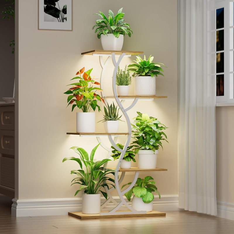 Support pour plantes d'intérieur avec éclairage horticole - Étagère d'angle à 5 niveaux, tablette en métal de 112 cm de haut, présentoir lumineux en forme de S, blanc