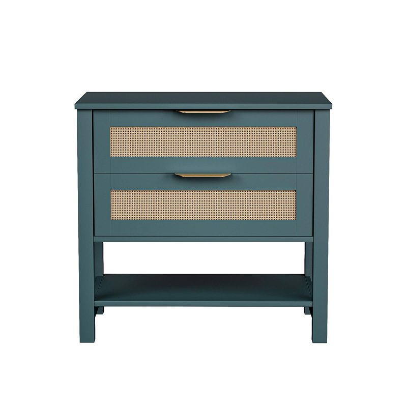 Table de chevet étroite en rotin avec 2 tiroirs et tablette de rangement Boho, Vert