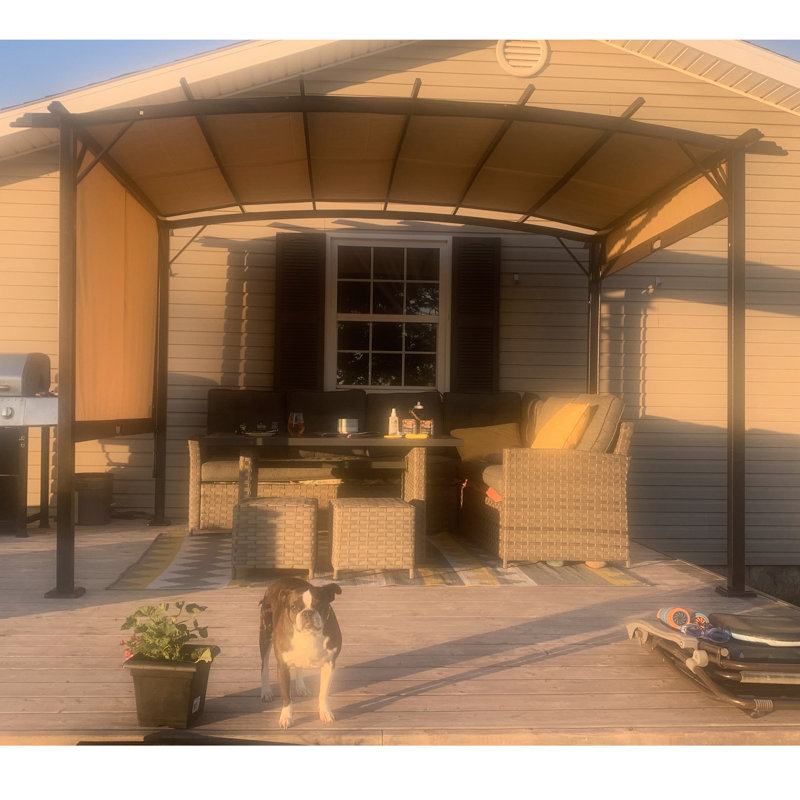 Pergola extérieure - 3,66 m x 2,74 m, structure en acier, toile rétractable, beige, idéale pour les activités de jardinage. Gazebo avec toile de toit pour jardins et terrasses.