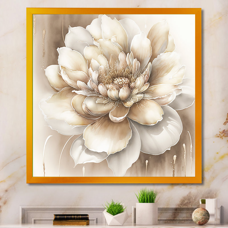 Simple fleur beige II - impression murale sur toile à motif floral, H 24 po x l 24 po x P 1 po, Cadre doré