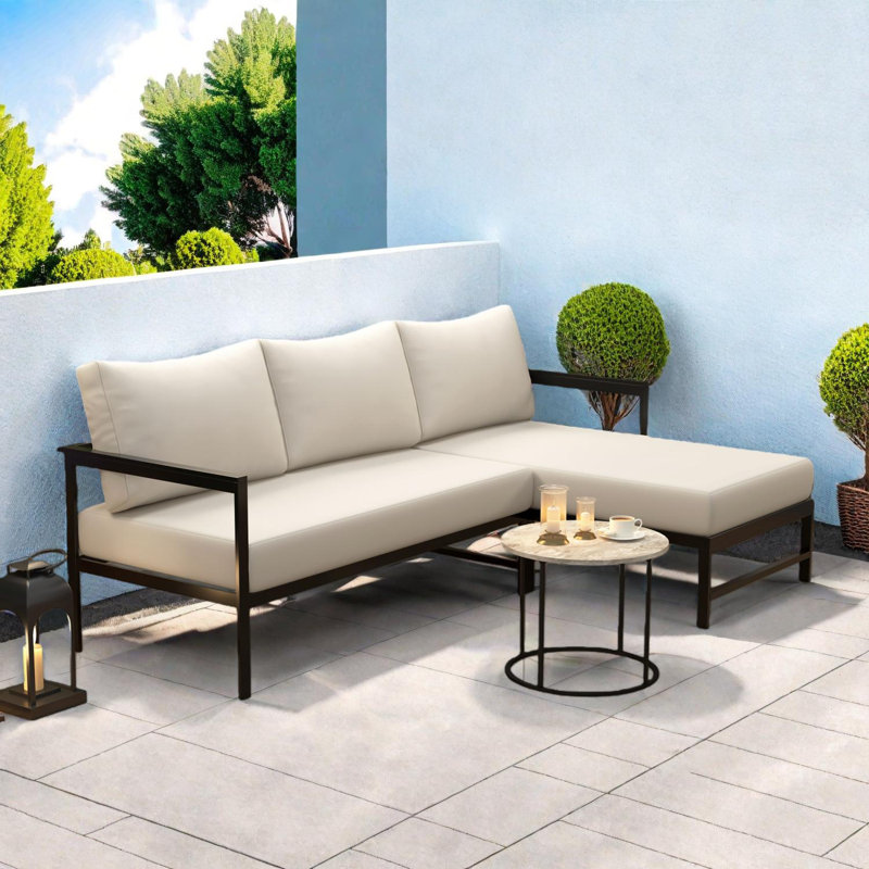 Outdoor L-Shaped Sofa with Iron Frame, Weather-Resistant Cushions, Comfortable Seating for 3, Beige