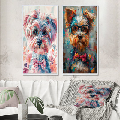 Curieux Shih Tzu rose avec verres I - ensemble d'art mural chien 2 pièces