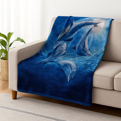 Jeté pour grand lit - Imprimé à thème océan avec dauphins - Jeté en faux vison pour canapé, canapé ou lit par Lavish Home