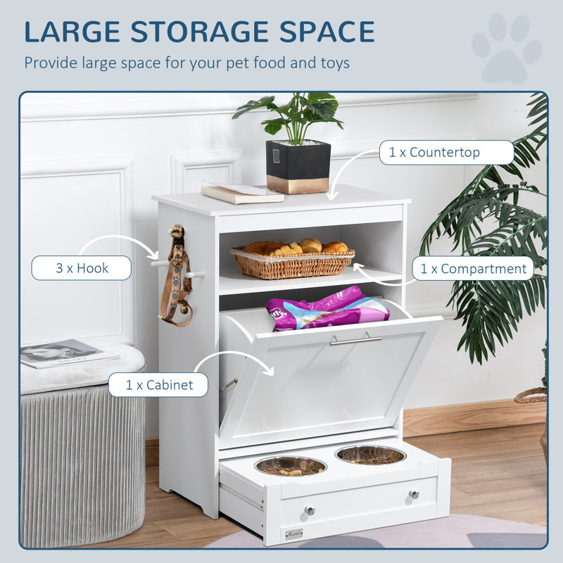 White Elevated Dog Feeder Station with Storage Cabinet