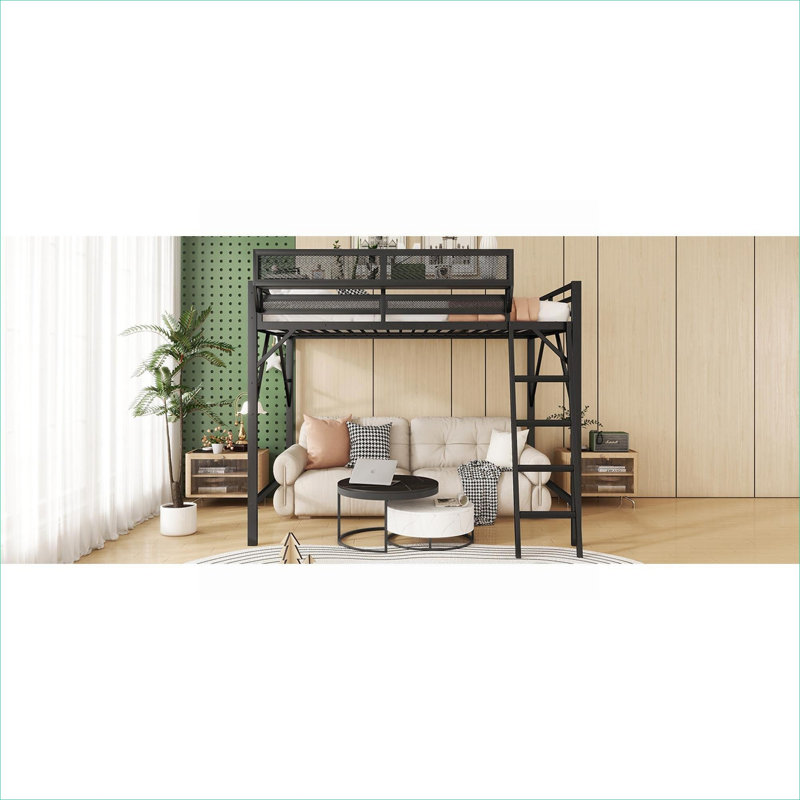 Structure de lit mezzanine pleine grandeur en métal noir classique avec tablettes de rangement intégrées et échelle pour chambres d'enfants et d'adolescents