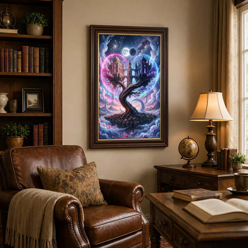 Art mural antique sur toile encadré doré pour le salon, la chambre à coucher, le bureau ou le vestibule - Décoration murale décorative avec arbre fantastique