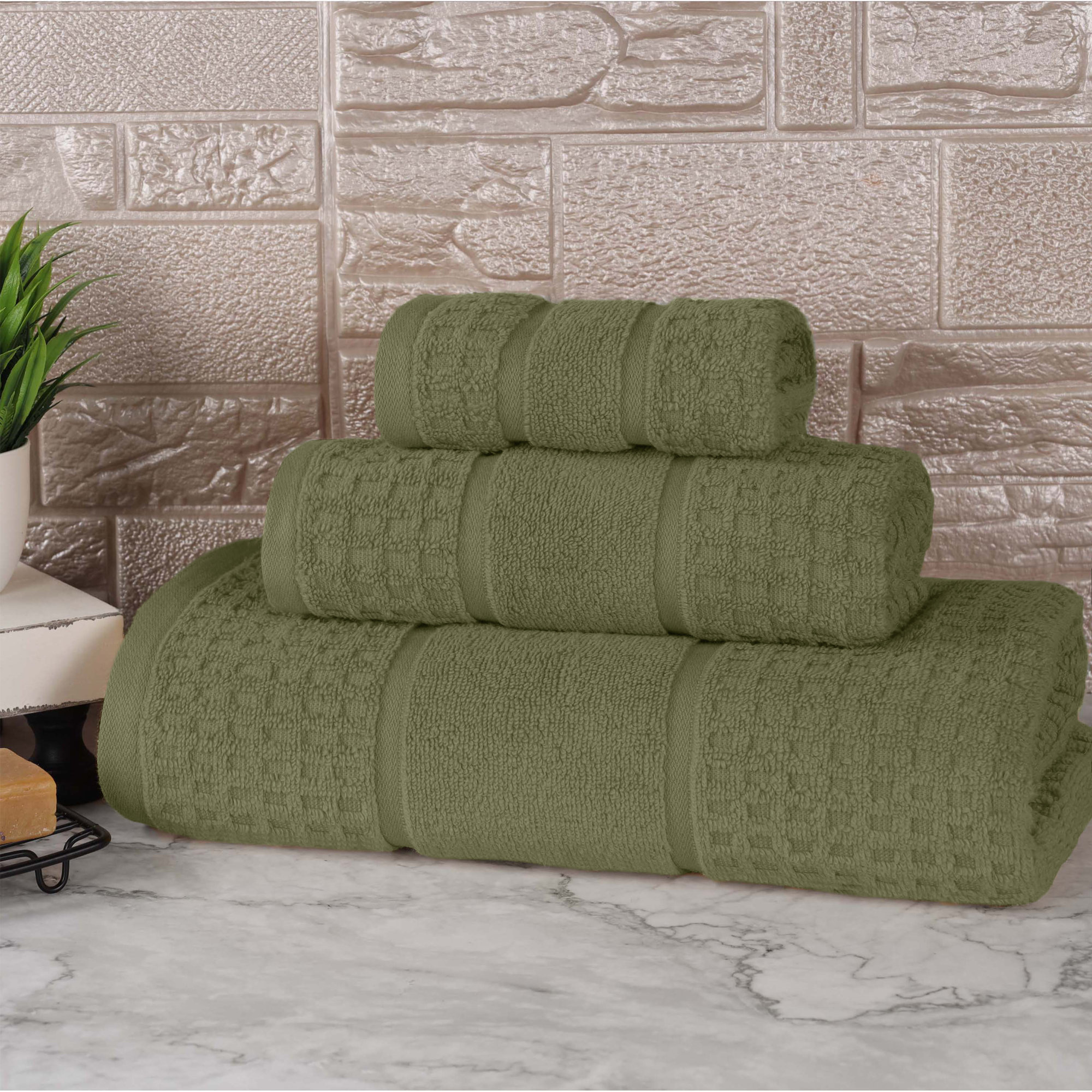 Hisela Zero Twist Cotton Solid Waffle Honeycomb Plush Soft Absorbent Medium Weight Assorted Towel Set, Forest Green