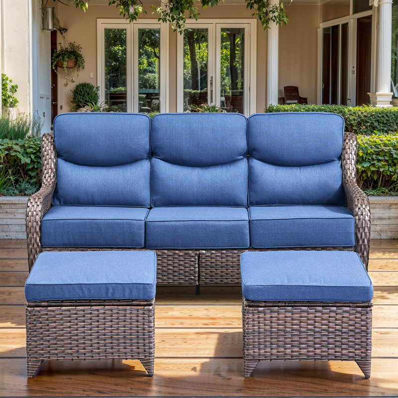  3-Piece Patio Furniture Sofa Set With Ottomans, 6-Inch Ultra-Plush Cushions & Water-Resistant Olefin Fabric, Blue