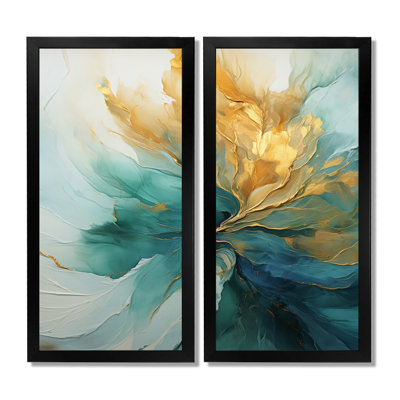 «Gold and Teal Aurora Harmony - Abstract Spirals», reproduction d'art sur toile, ensemble de 2 reproductions d'art abstrait doré