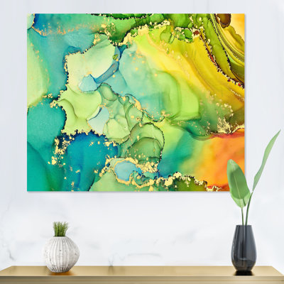 «Green and Yellow Luxury Abstract Fluid Art», peinture sur toile